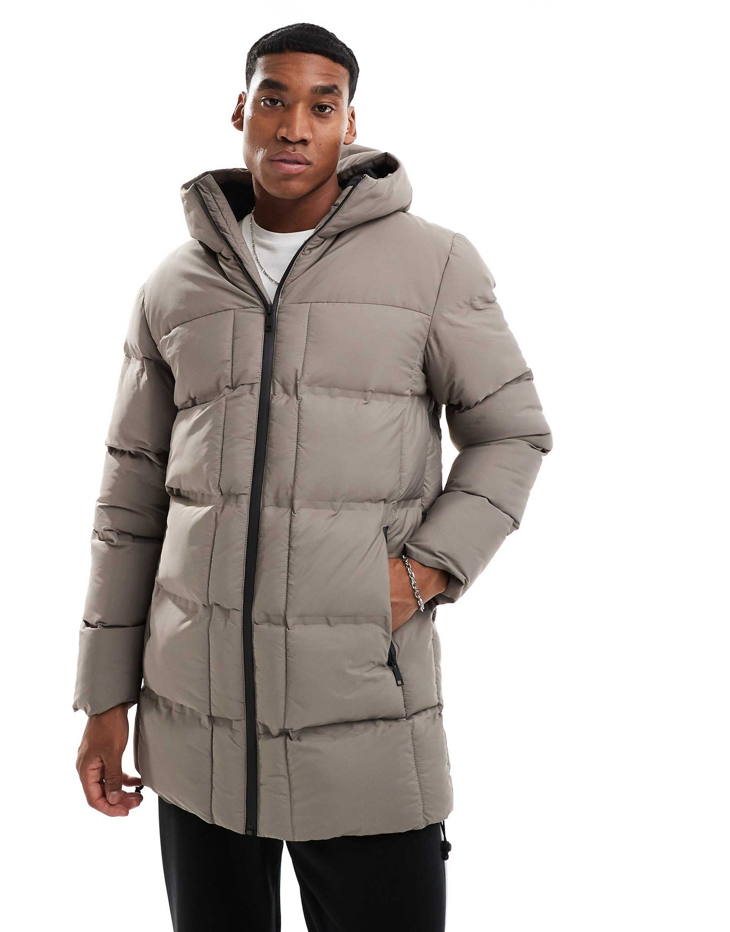 Longline Padded Puffer Jacket With Hood And Quilt Detail