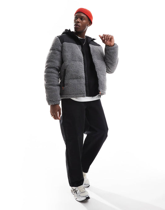 Borg Puffer Jacket With Contrast Fabric