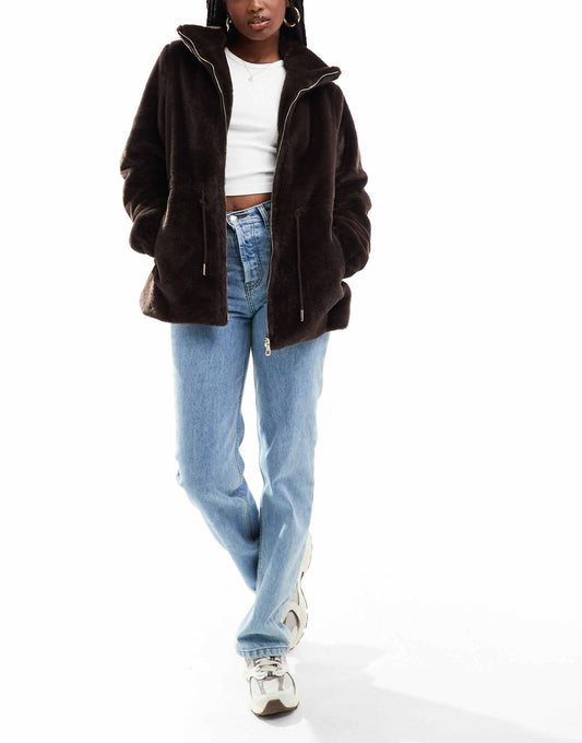 Faux Fur Jacket With Waist Ties