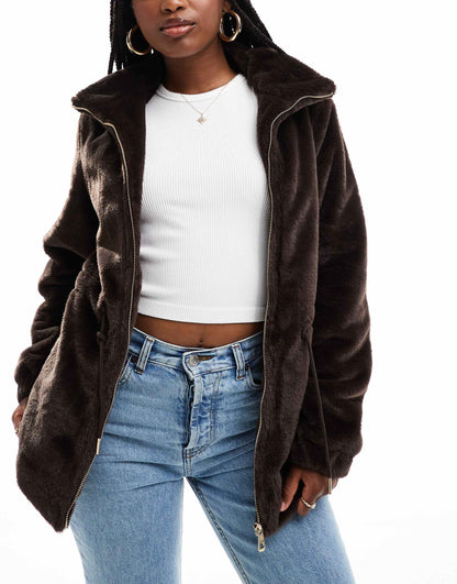 Faux Fur Jacket With Waist Ties