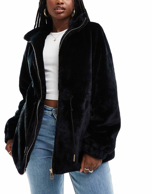Faux Fur Jacket With Waist Ties