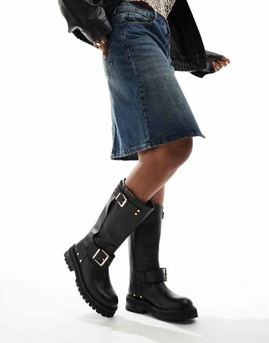 Tay Leather Buckle Biker Boots