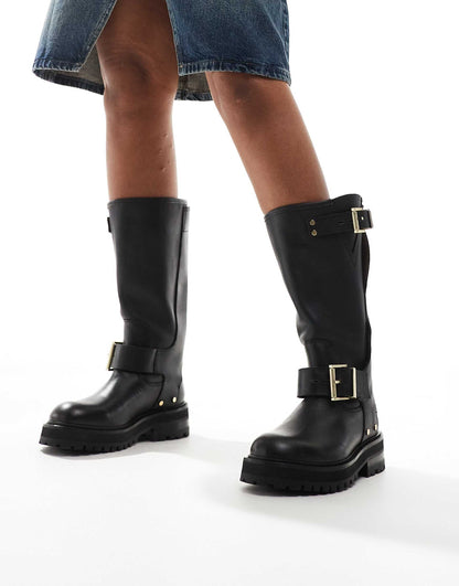 Tay Leather Buckle Biker Boots