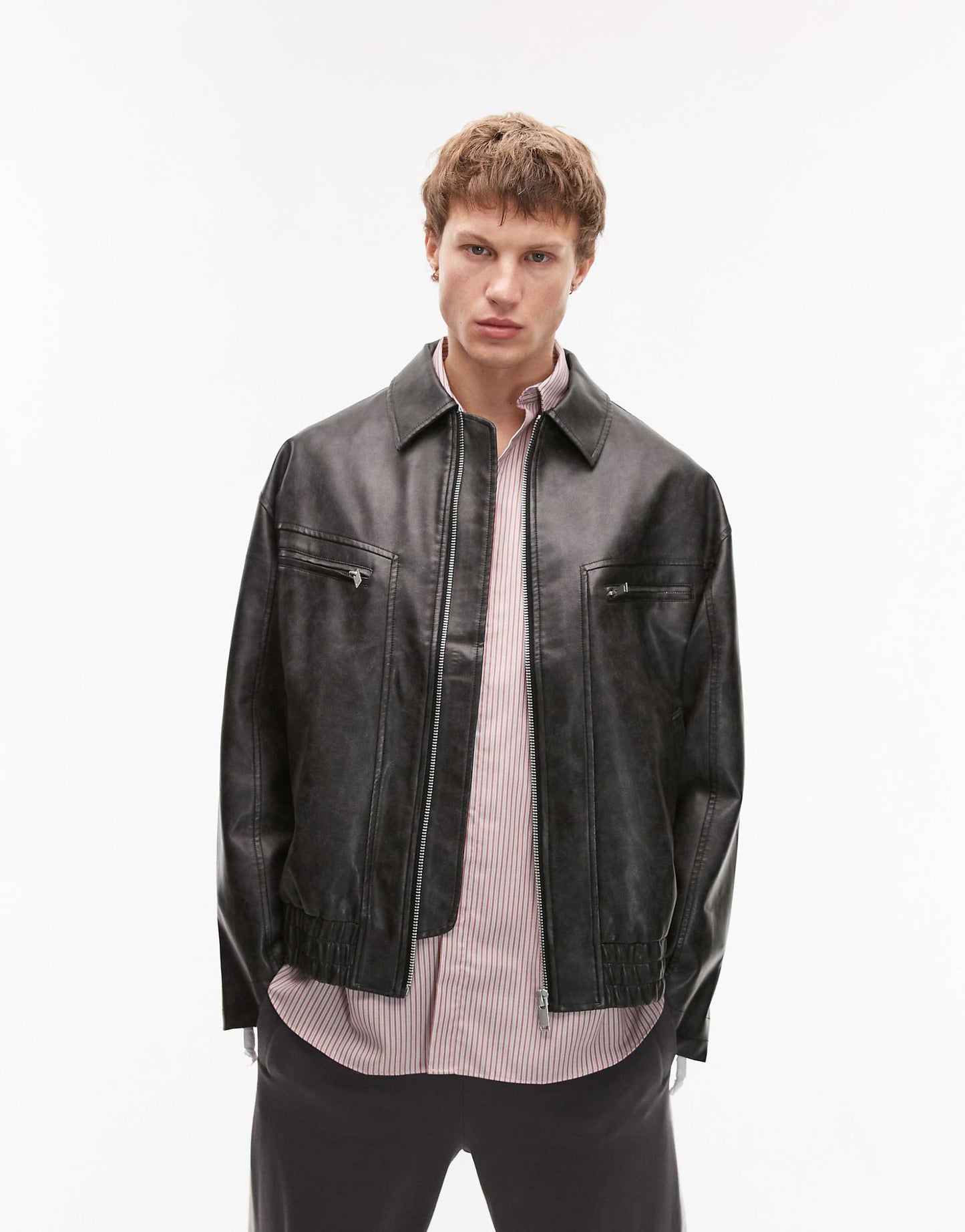 Faux Leather Bomber Jacket With Wash Effect