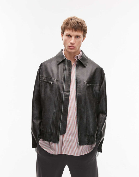 Faux Leather Bomber Jacket With Wash Effect