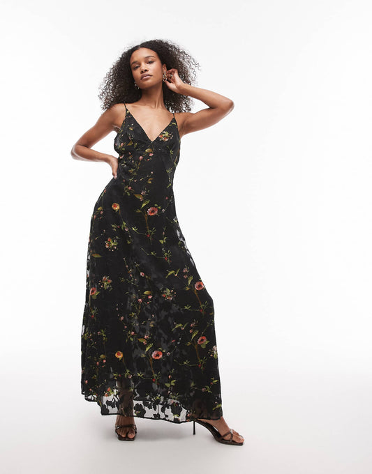 Burnout Out Floral Maxi Halter Dress