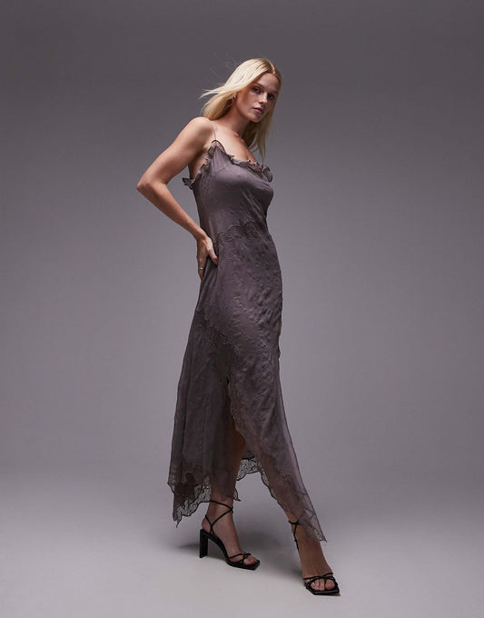 Embroidery And Lace Slip Dress With Frill Neck