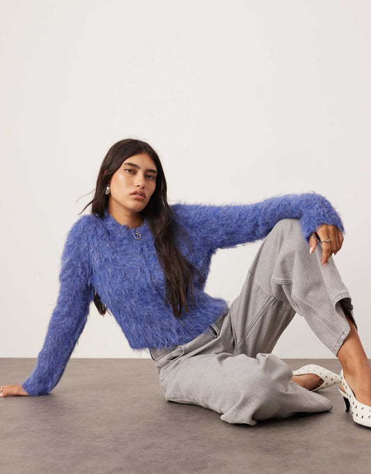 Fluffy Knit Zip Through Cropped Cardigan