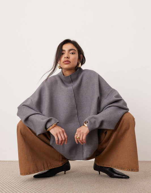 Premium Compact Knit Funnel Neck Seam Detail Jumper