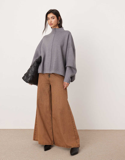Premium Compact Knit Funnel Neck Seam Detail Jumper