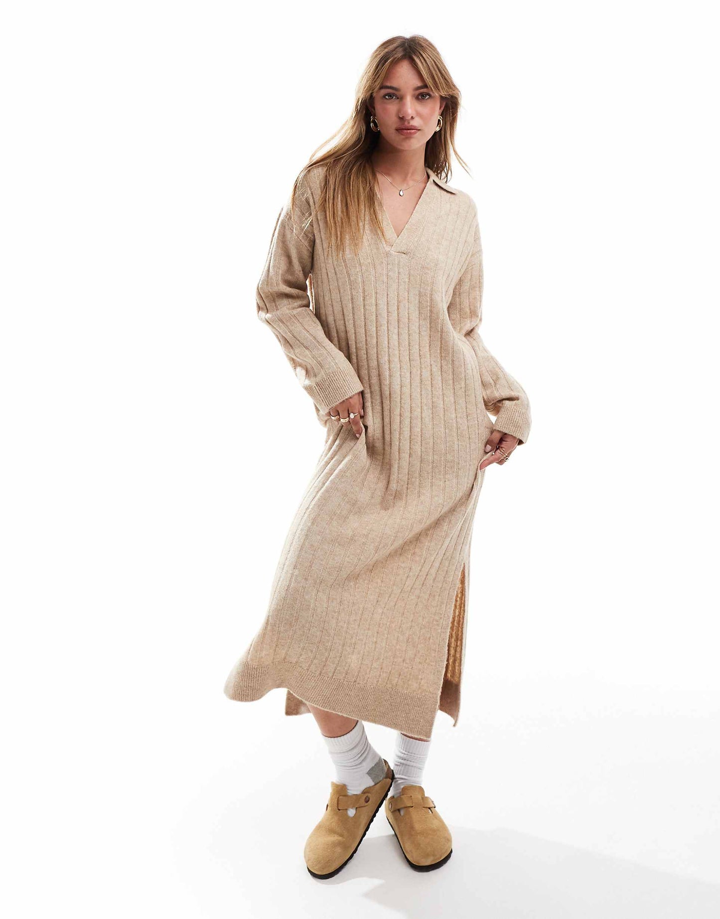 V Neck Collared Knitted Ribbed Dress