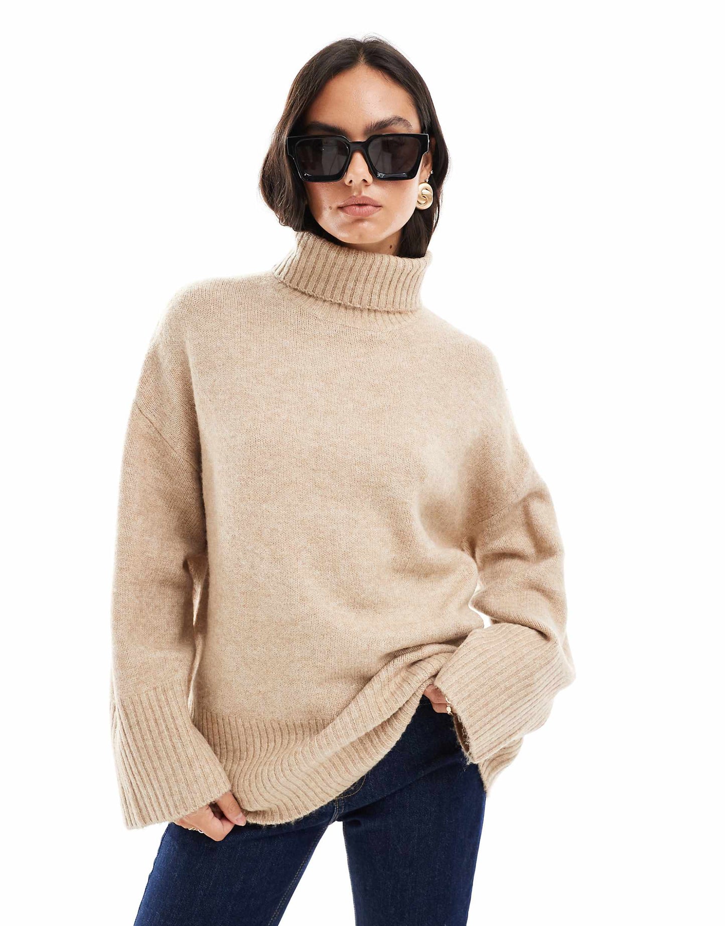 Oversized Roll Neck Textured Knitted Jumper
