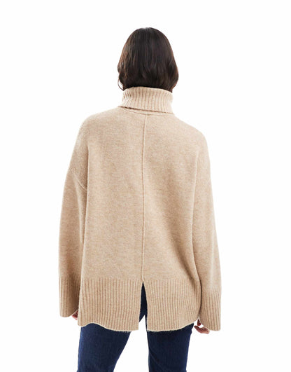 Oversized Roll Neck Textured Knitted Jumper
