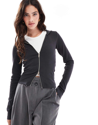 Two Way Zip Hooded Long Sleeve Top