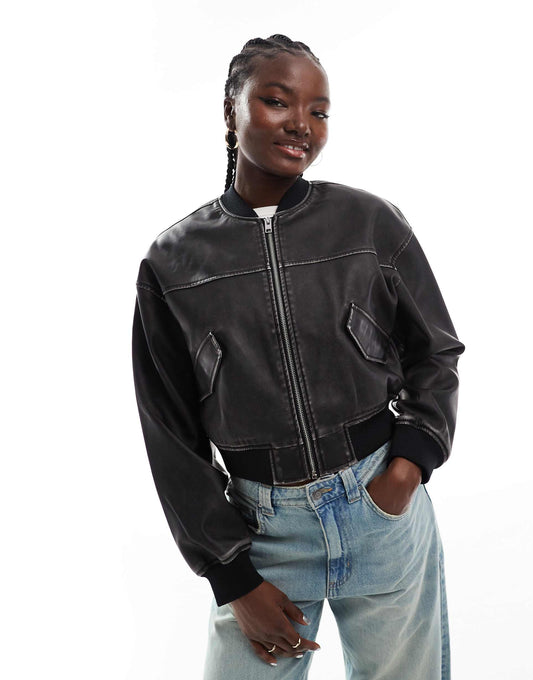 Vintage Faux Leather Bomber Jacket
