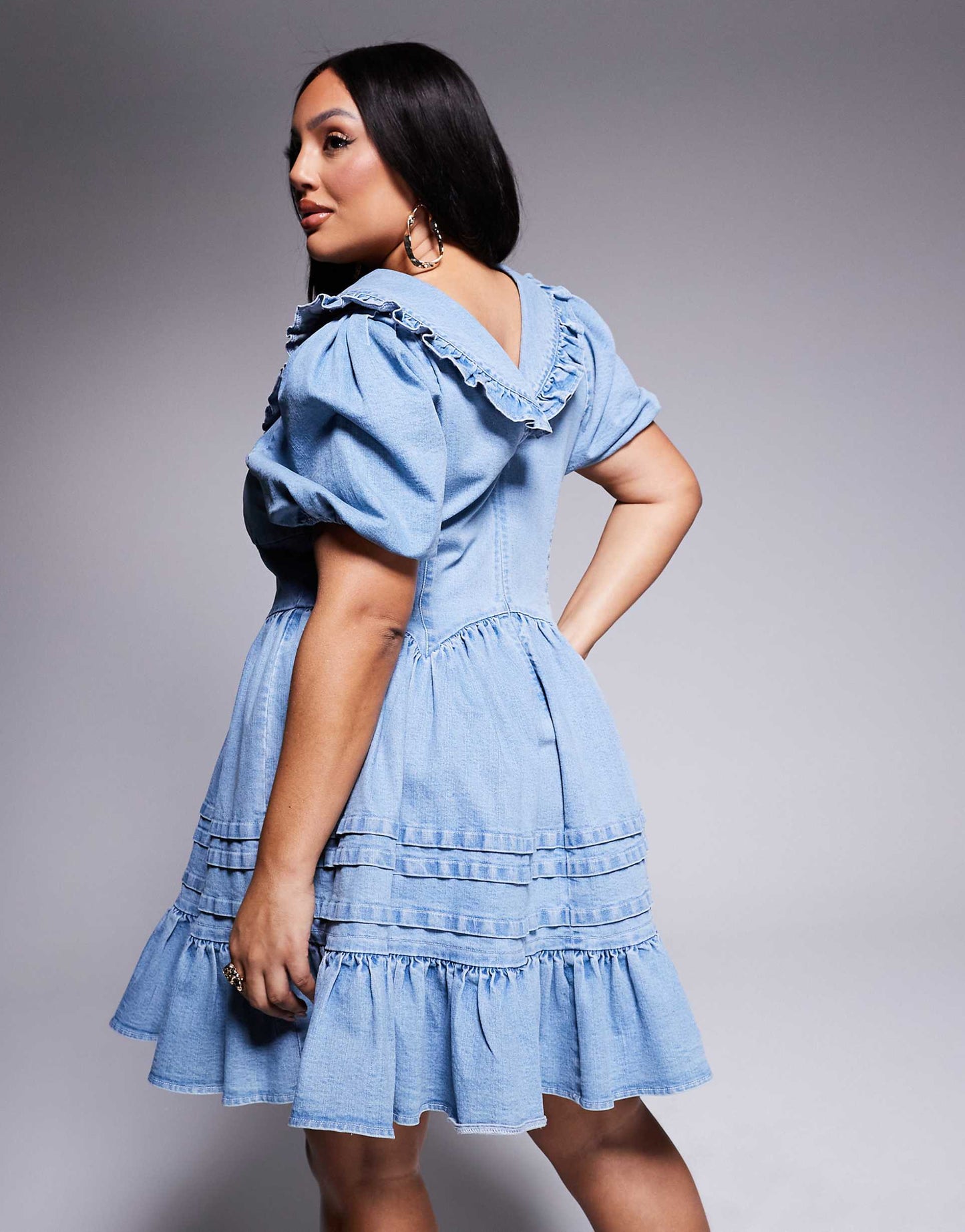 Curve Denim Collared Puff Sleeve Mini Dress