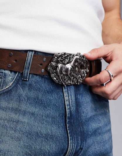 Faux Leather Belt With Western Buckle And Stud Detail