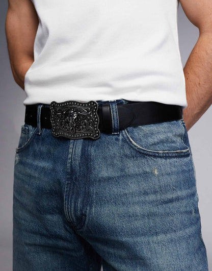 Faux Leather Belt With Silver Statement Western Buckle