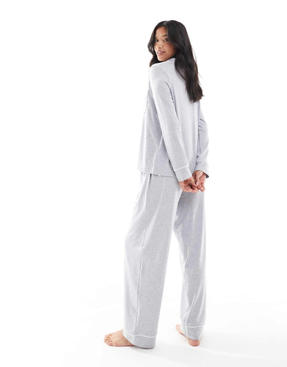 Petite Super Soft Long Sleeve Shirt & Trouser Pyjama Set With Contrast Piping