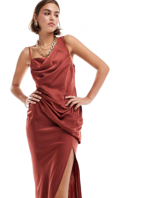 Satin Asymmetric Shoulder Drape Bodice Maxi Dress With Side Split