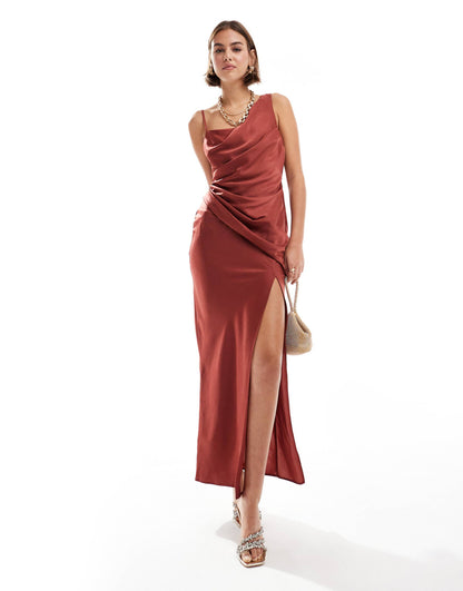 Satin Asymmetric Shoulder Drape Bodice Maxi Dress With Side Split