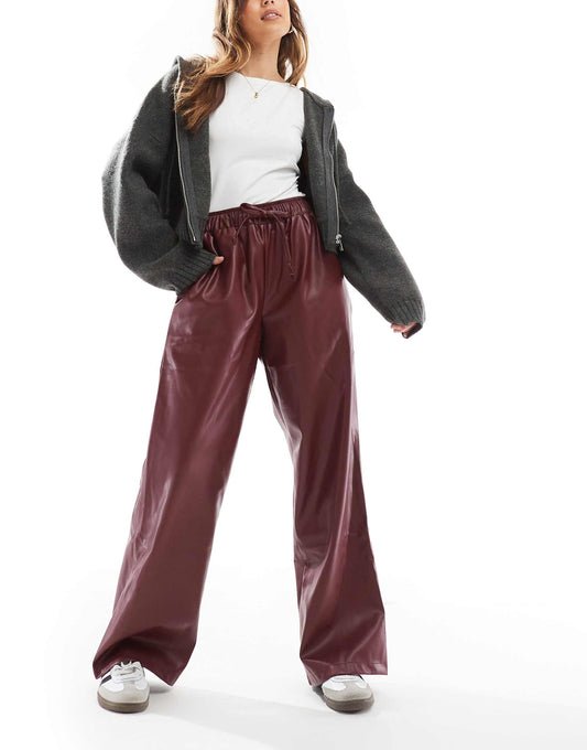 Faux Leather Wide Leg Pull On Trousers