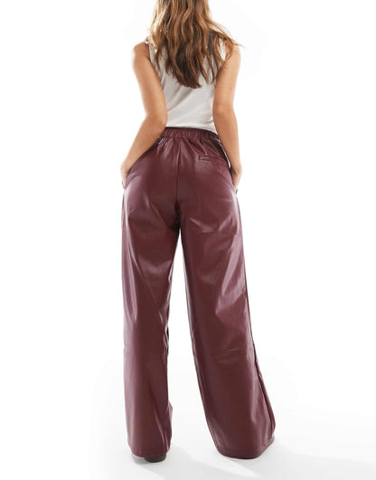 Faux Leather Wide Leg Pull On Trousers