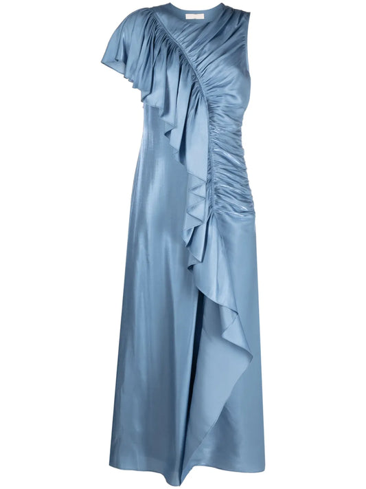 Ruffle-Trim Charmeuse Long Dress