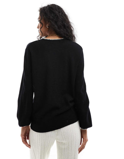 Black Knitted Jumper With White Contrast Trim