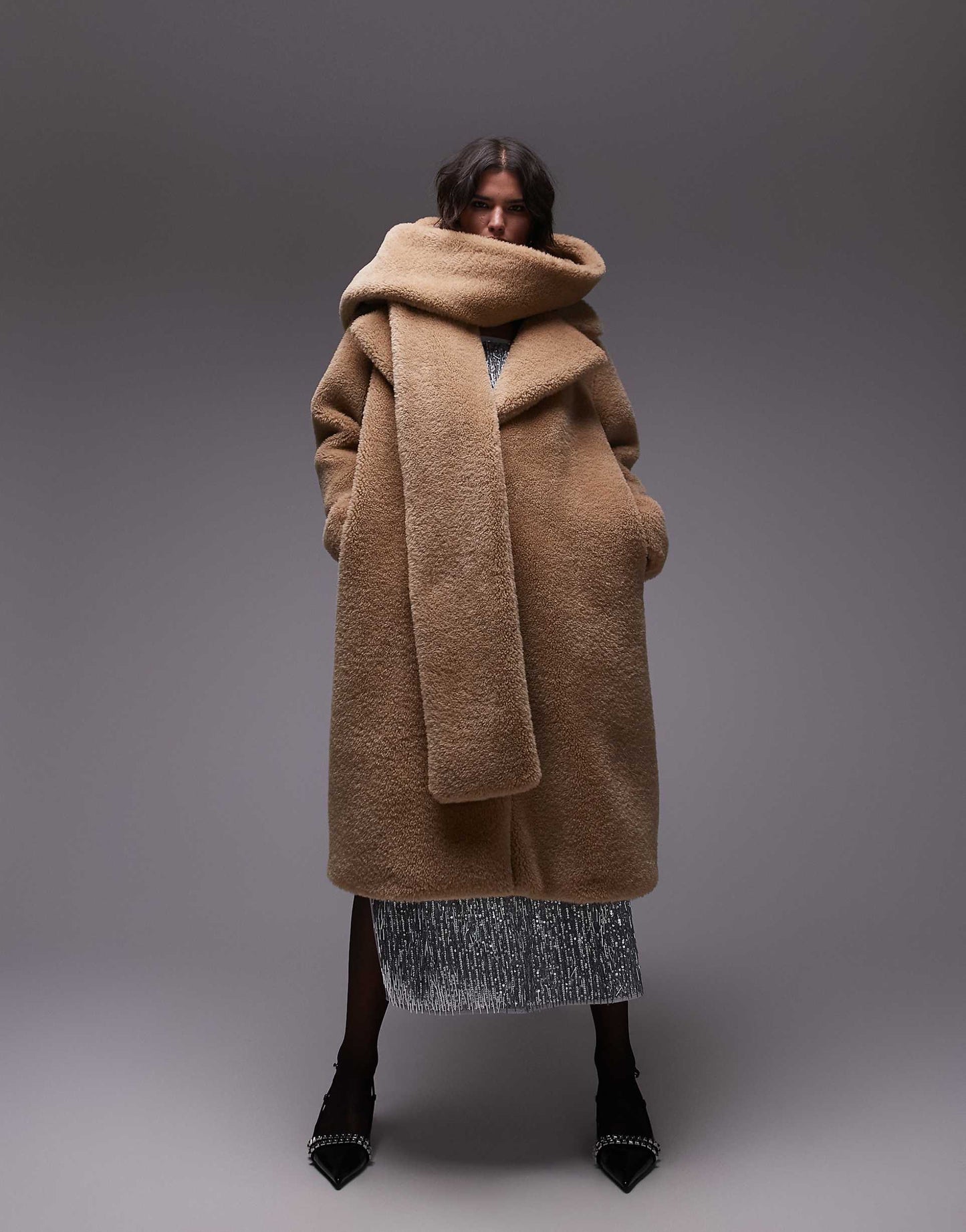 Super Oversized Statement Borg Coat With Hooded Scarf