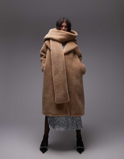 Super Oversized Statement Borg Coat With Hooded Scarf