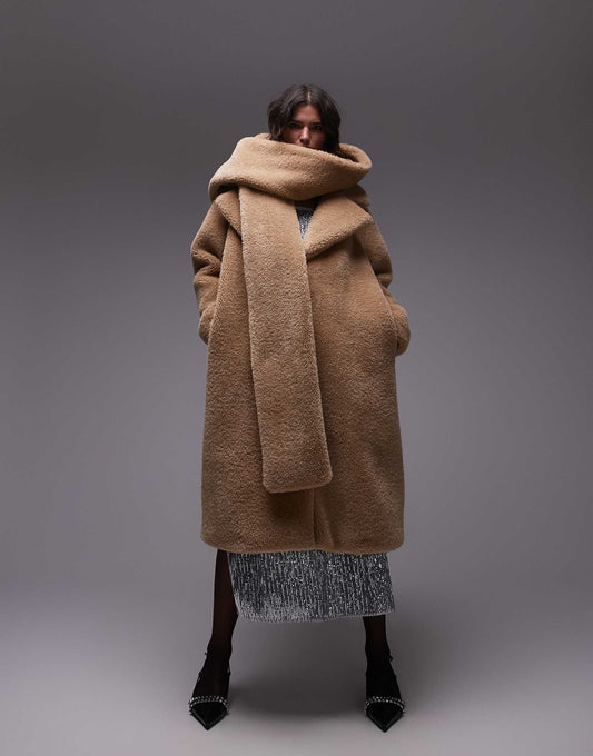 Super Oversized Statement Borg Coat With Hooded Scarf