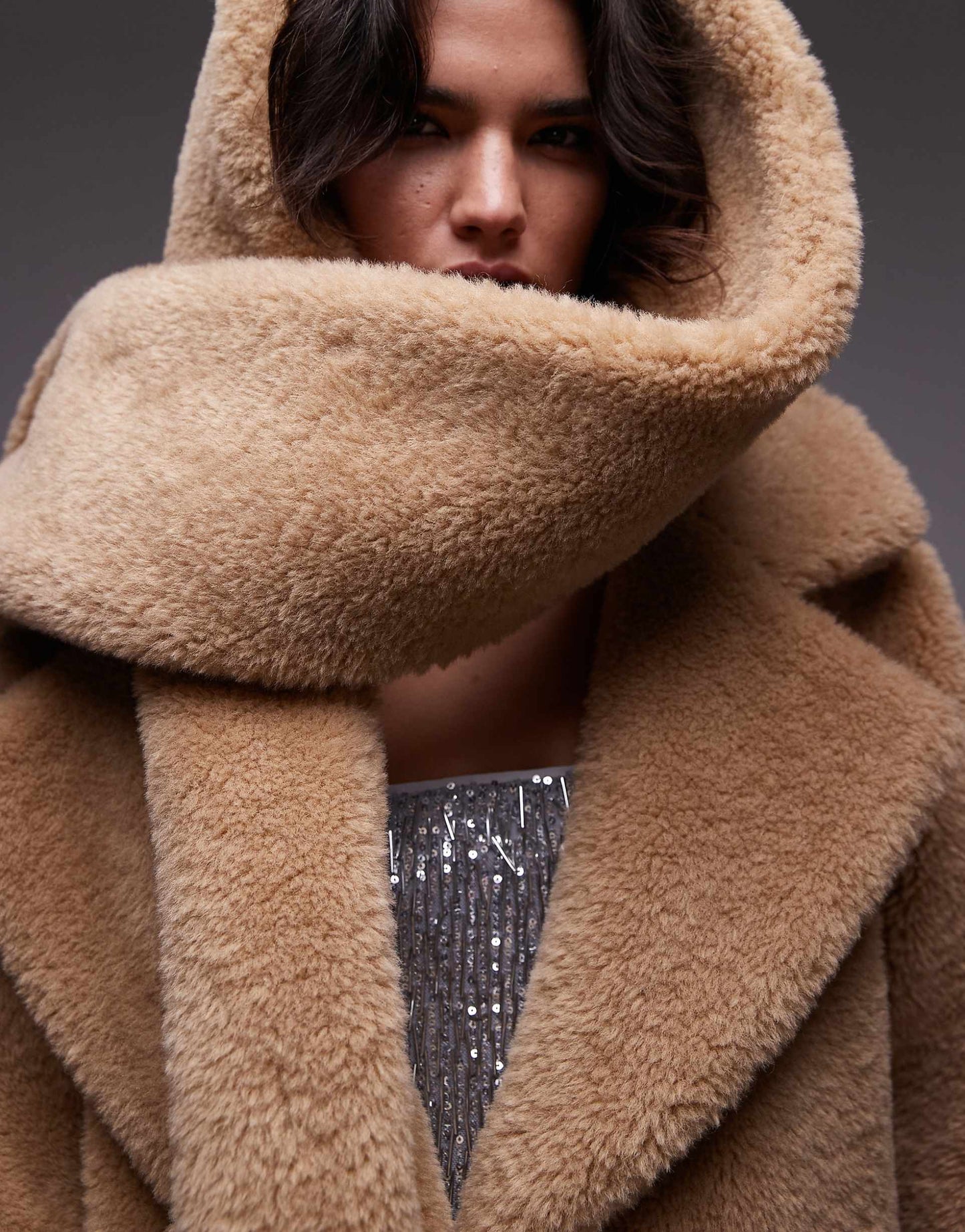 Super Oversized Statement Borg Coat With Hooded Scarf