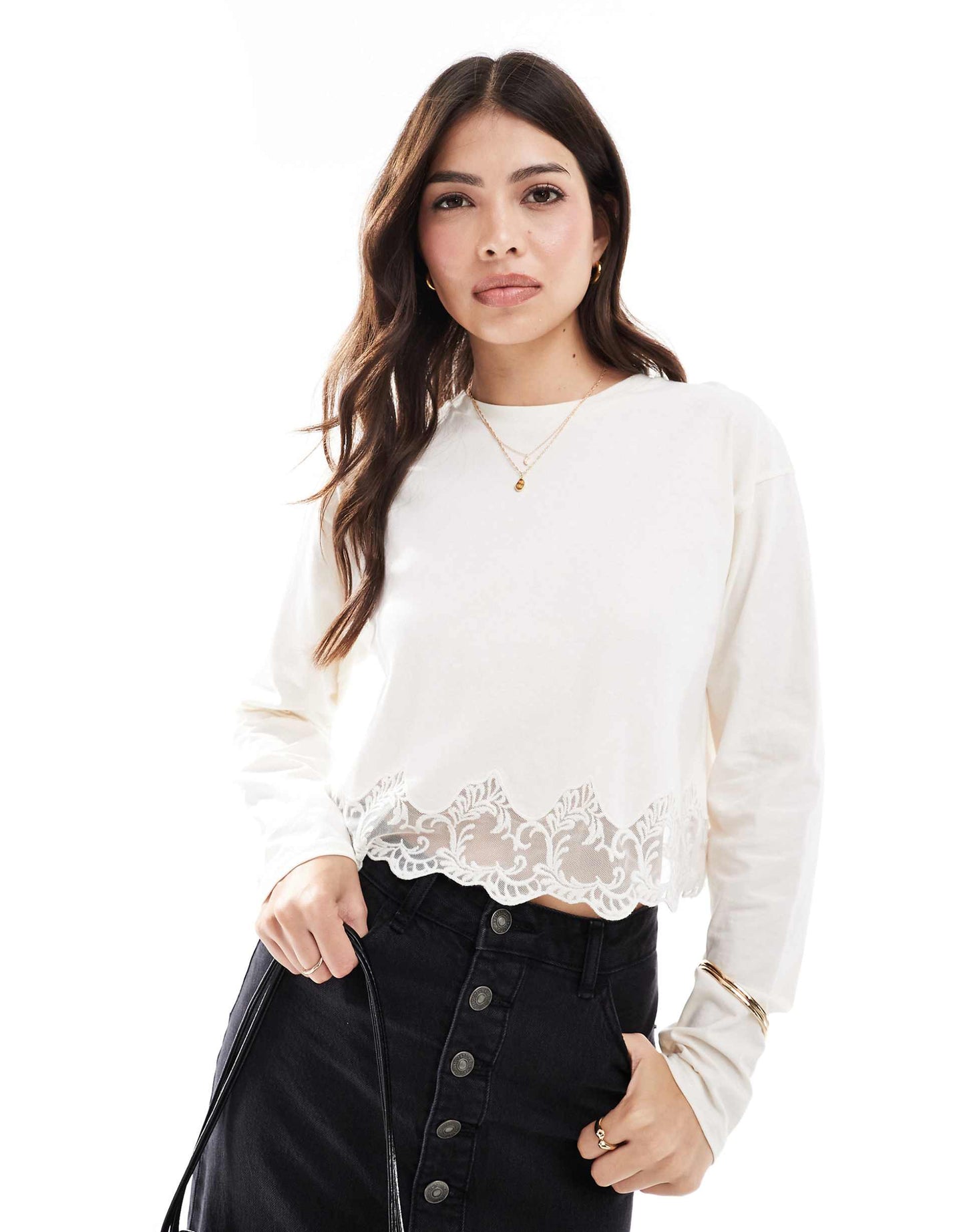 Long Sleeve Lace Hem Detail Top