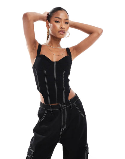 Denim Contrast Stitch Corset Top Co-Ord