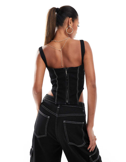 Denim Contrast Stitch Corset Top Co-Ord