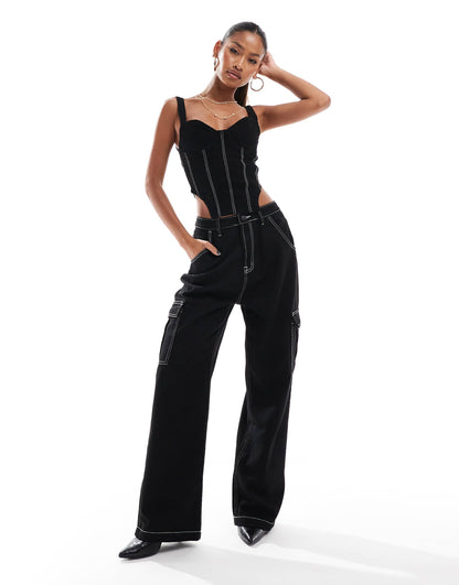 Denim Contrast Stitch Wide Leg Cargo Jeans Co-Ord