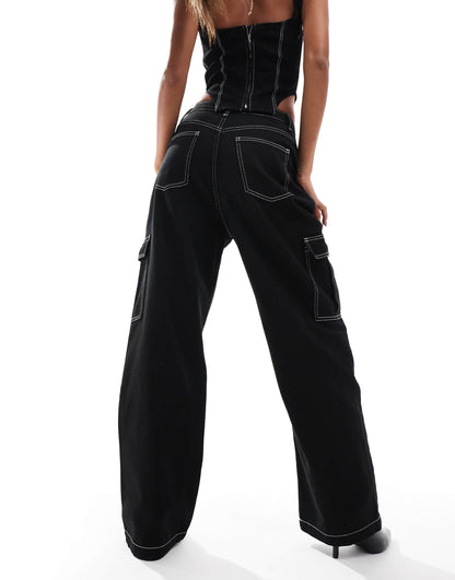 Denim Contrast Stitch Wide Leg Cargo Jeans Co-Ord