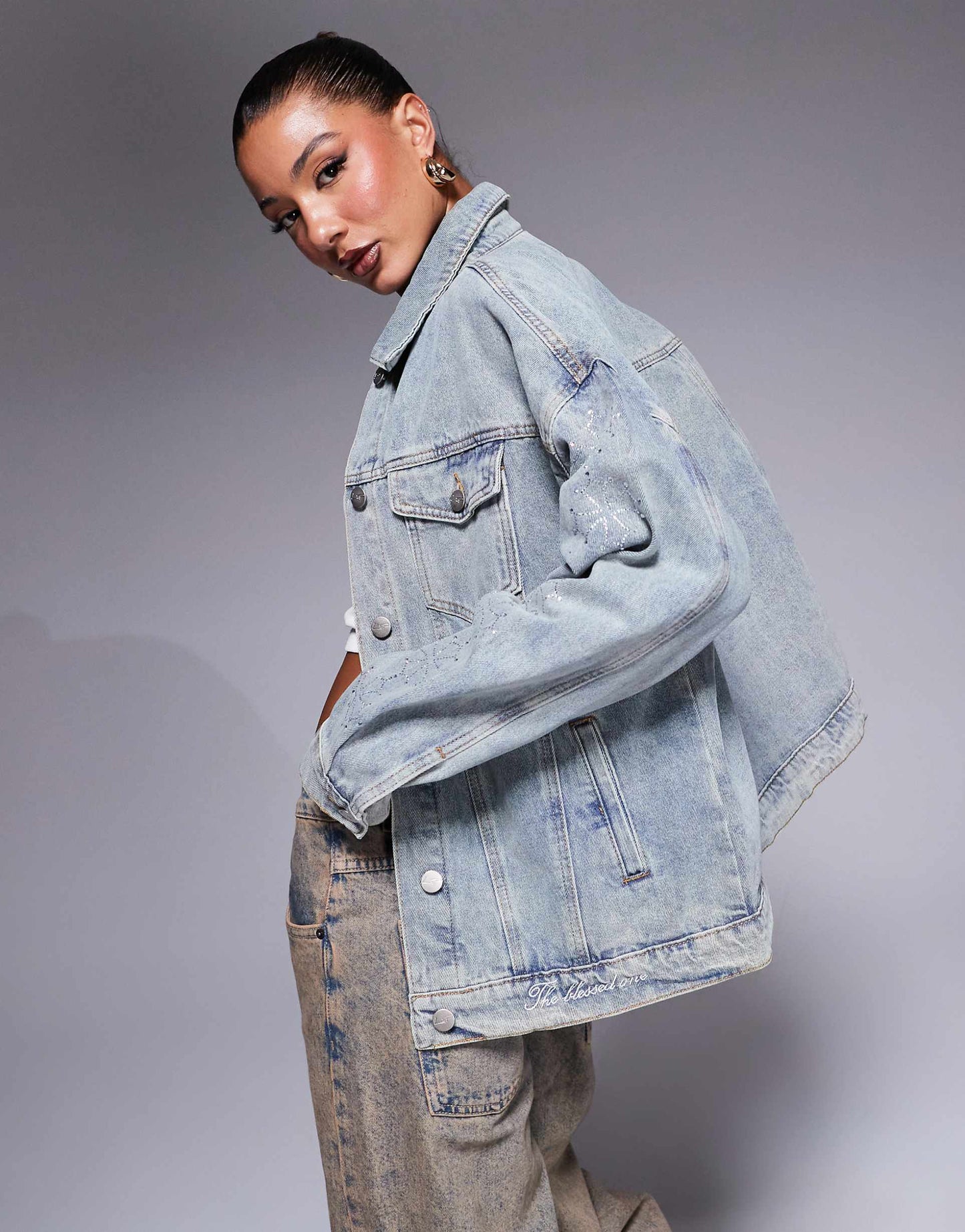 Denim Jacket With Rhinestone Side Detail