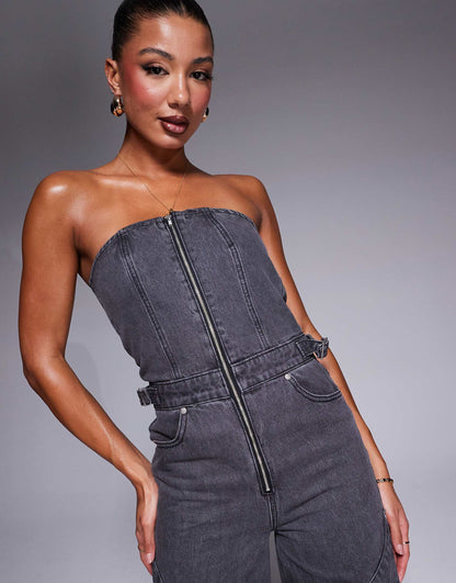 Bandeau Utility Jumpsuit With Carpenter Detail