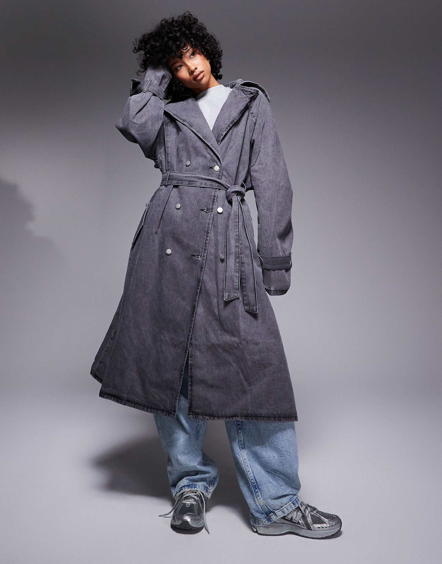 Denim Maxi Trench Coat With Raw Edges
