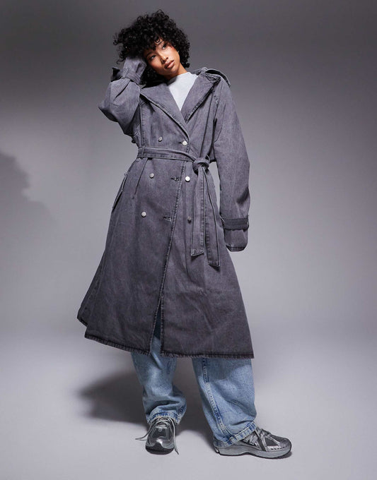 Denim Maxi Trench Coat With Raw Edges