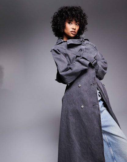Denim Maxi Trench Coat With Raw Edges