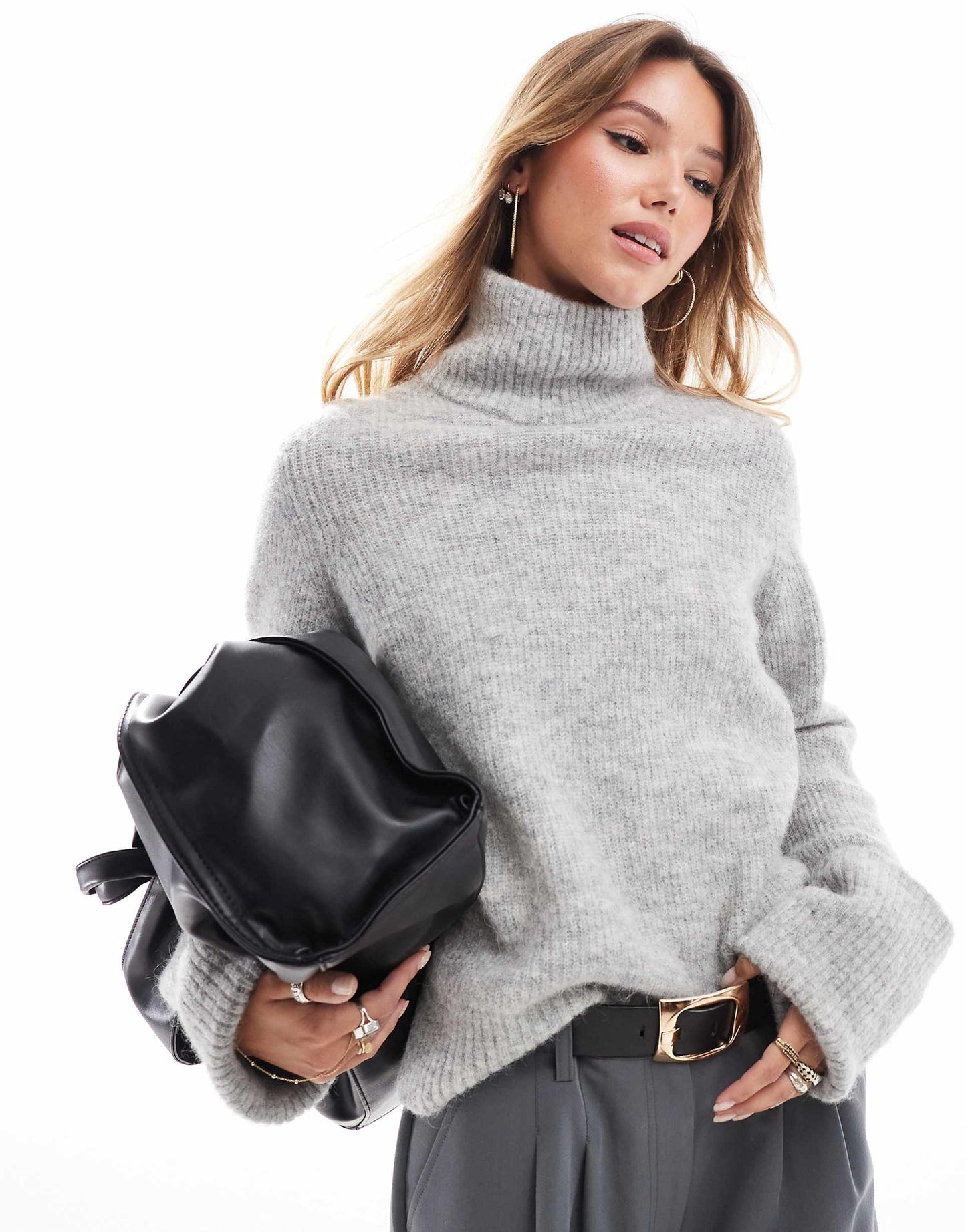 Femme Oversized Knitted Cuffed Roll Neck Jumper