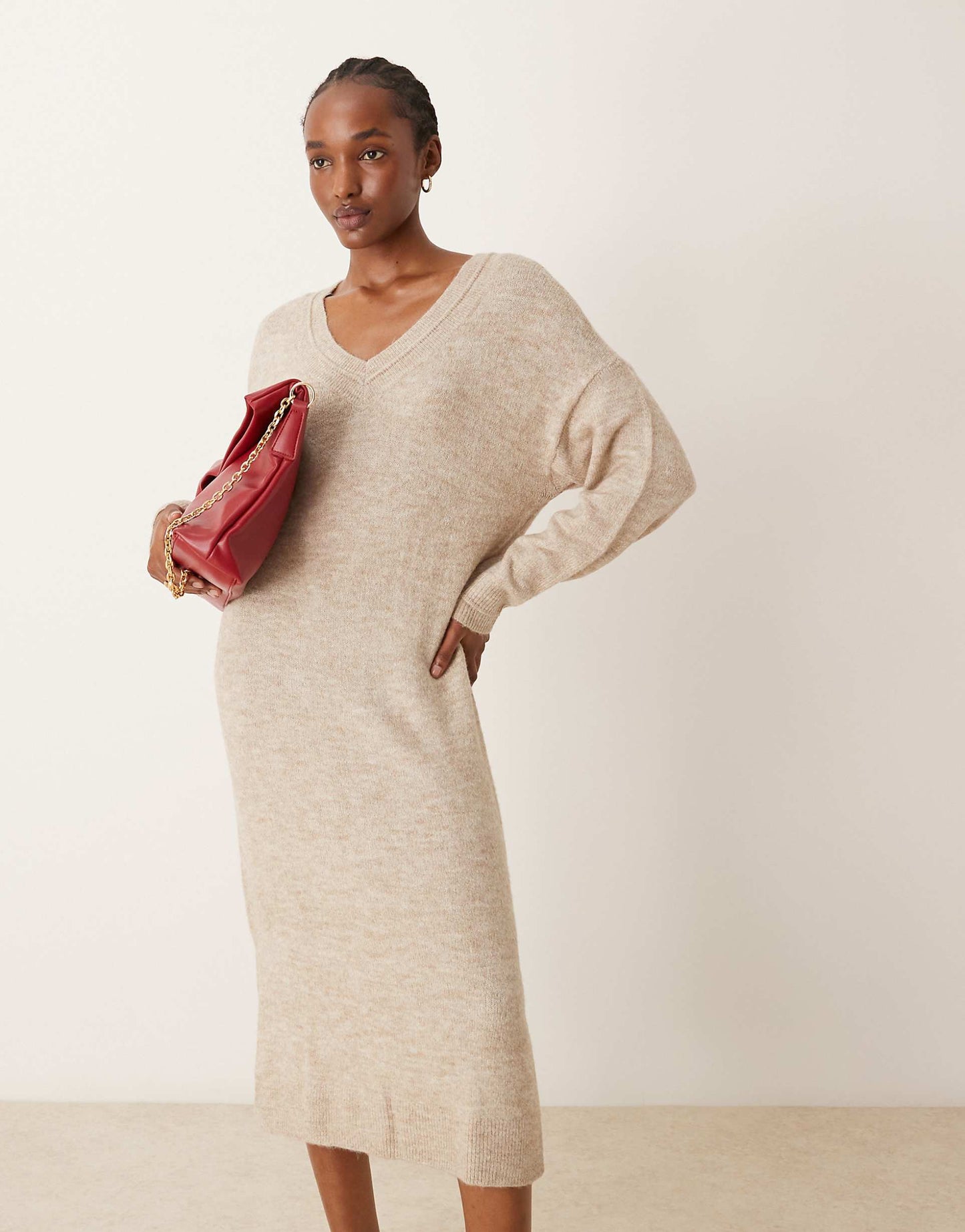 V Neck Knitted Jumper Midi Dress