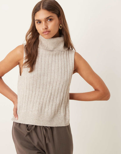 Ribbed High Neck Sleevless Knitted Vest