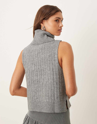 Ribbed High Neck Sleevless Knitted Vest