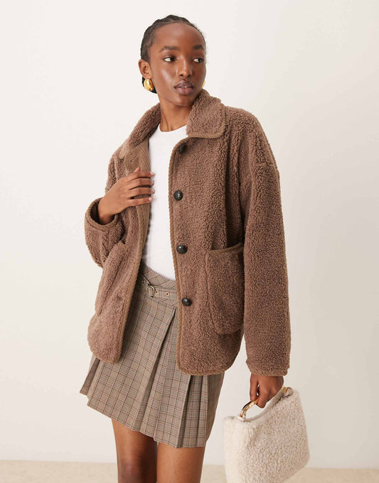 Collared Teddy Jacket With Trim Details