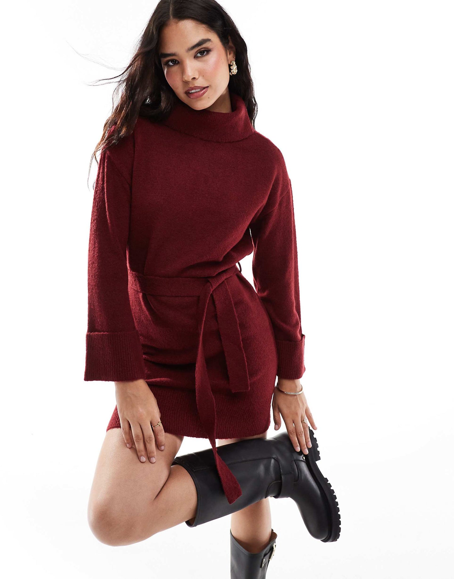 Roll Neck Mini Jumper Dress With Tie Waist