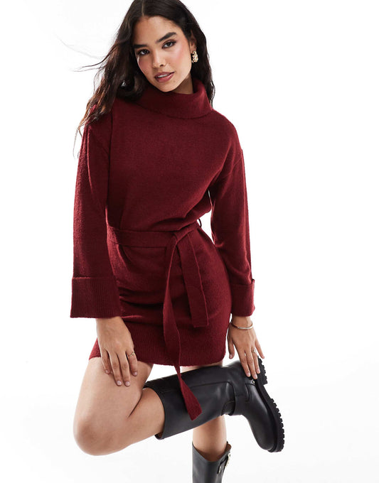 Roll Neck Mini Jumper Dress With Tie Waist